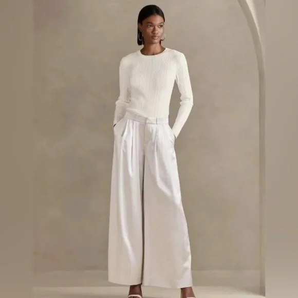 Banana Republic Ribbed Crew Neck Stretch White Long Sleeve Sweater - MED - Picture 3 of 12